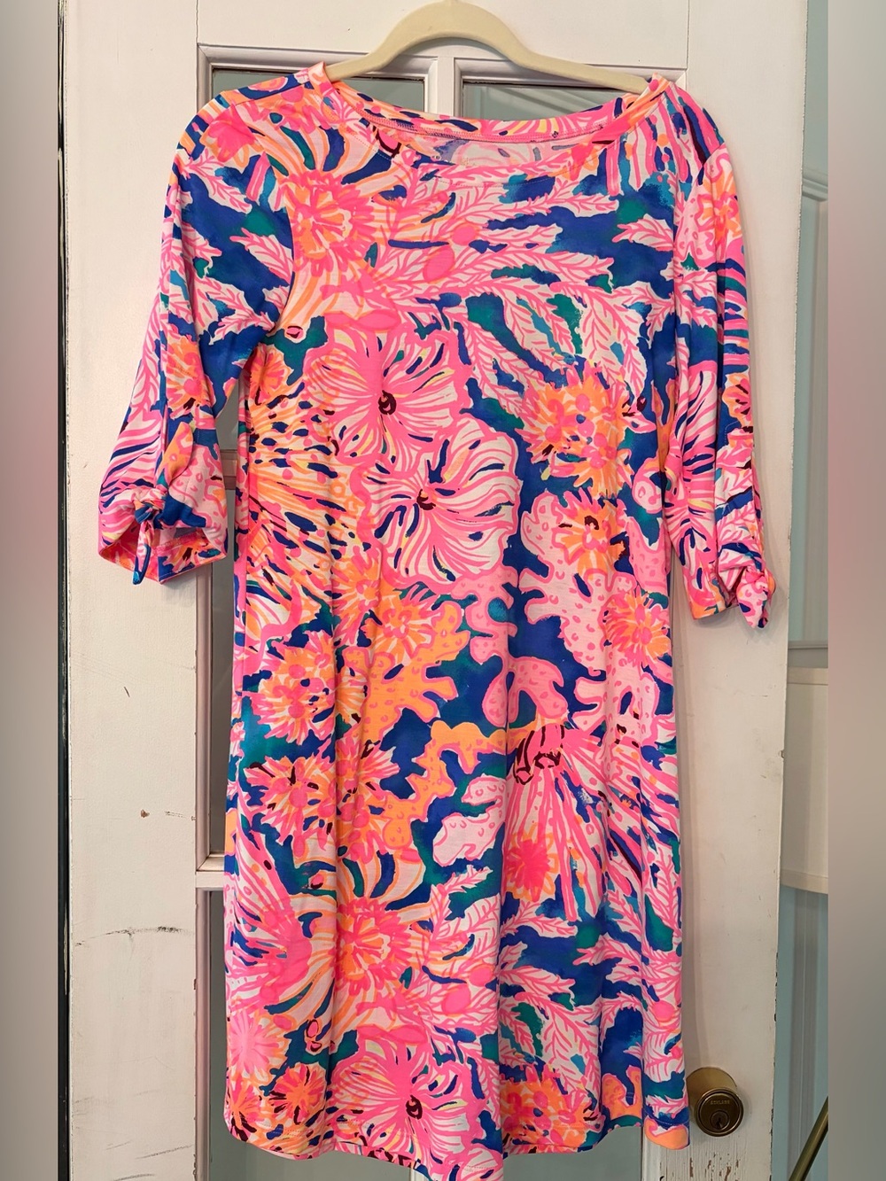 Vibrant Floral Boatneck Dress in Pink and Blue